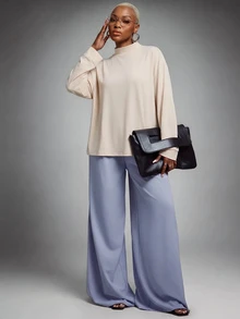 SHEIN Lunessa Women's Solid Color Stand Collar Batwing Sleeve Loose Casual T-Shirt - Apricot - View 3