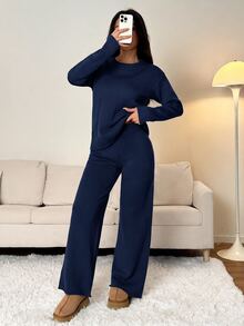 SHEIN PETITE 女款純色圓領長袖毛衣與長褲休閒常規套裝，秋冬款 - 藏蓝色 - 查看 10