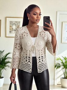 SHEIN Lady CURVE Plus Size Hollow Out Tie-Up Knit Cardigan For Beach Vacation - Apricot - View 1