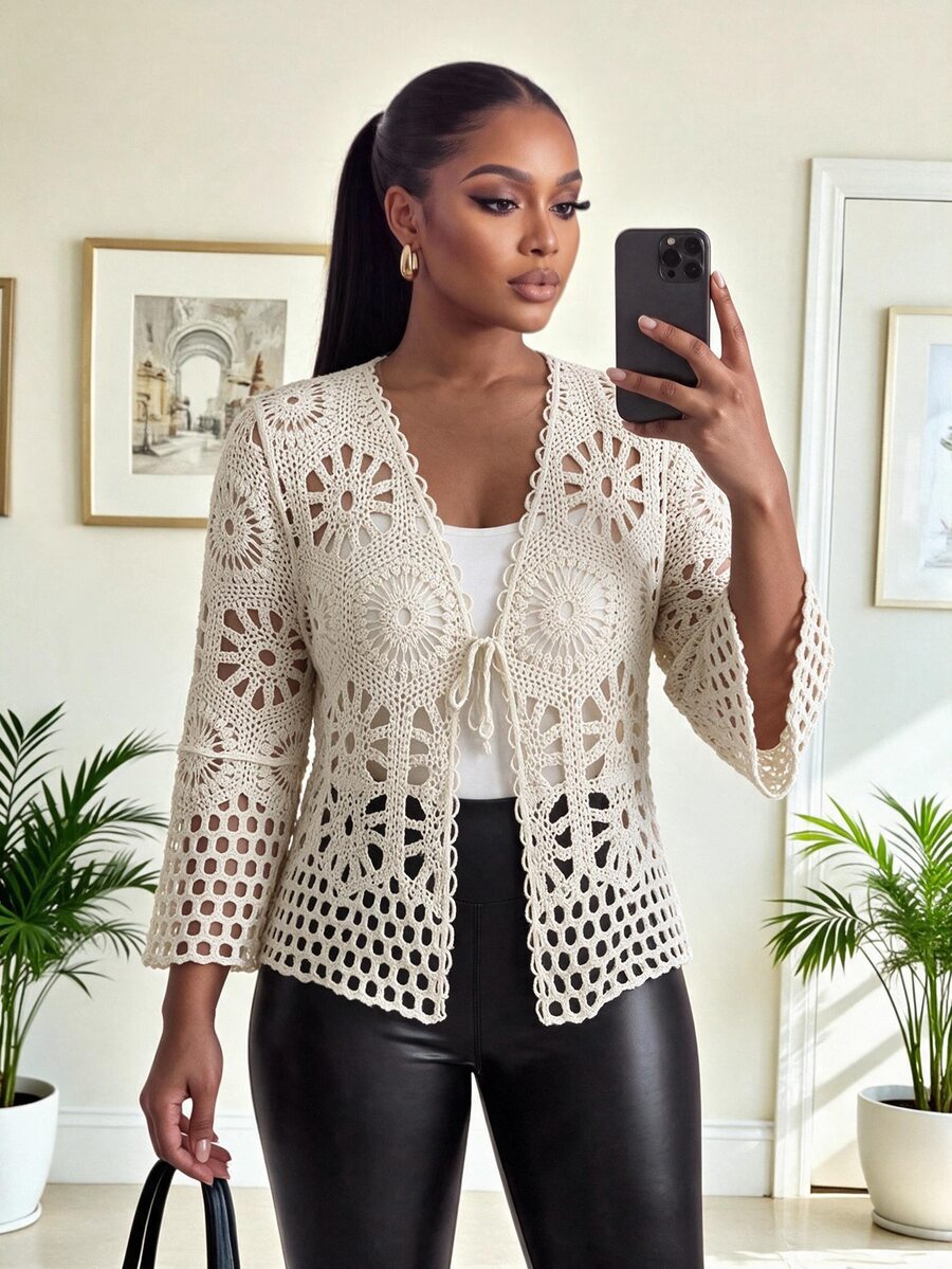SHEIN Lady CURVE Plus Size Hollow Out Tie-Up Knit Cardigan For Beach Vacation - Apricot - View 1