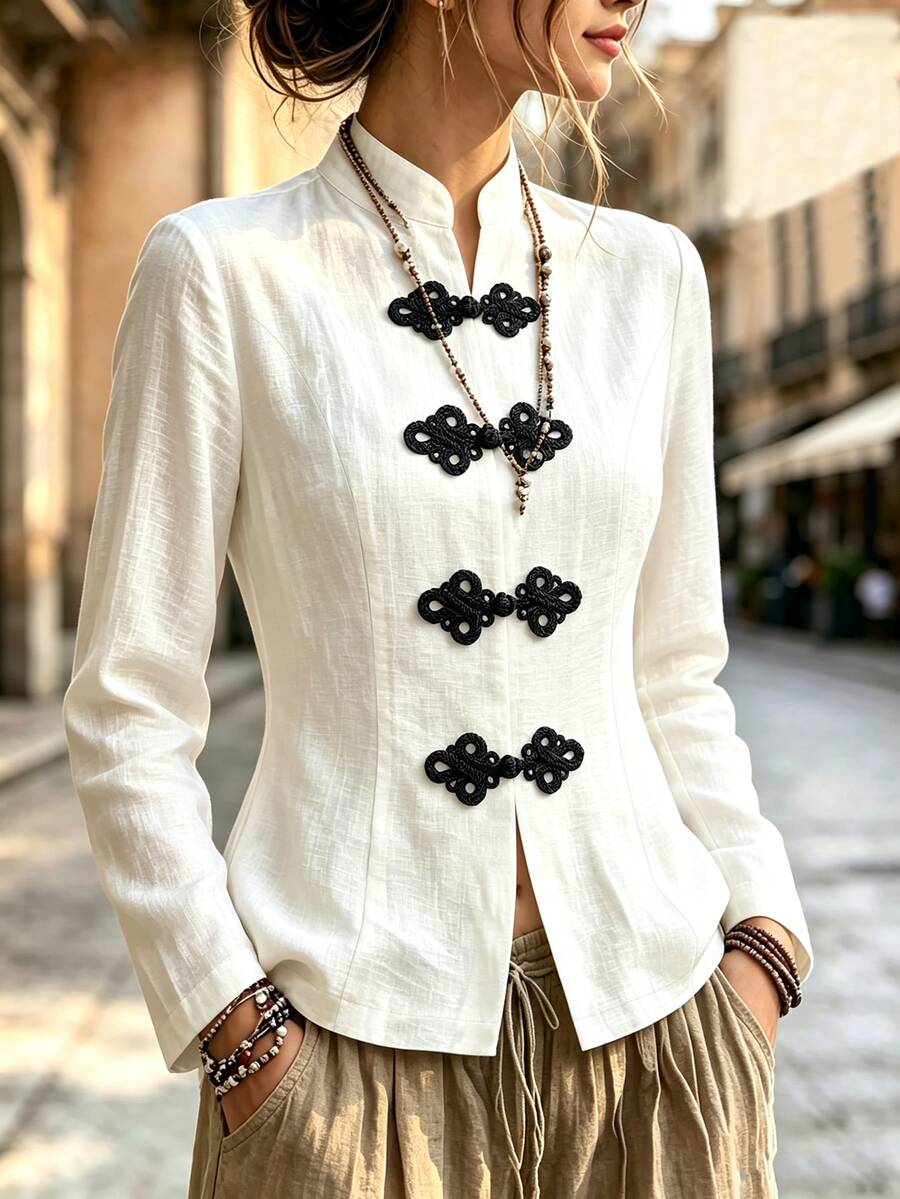 SHEIN Women's Chinese Style Blouse With Black Frog Buttons, Minimalist Commute And Party Wear For Autumn/Winter - Apricot - View 1
