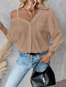 SHEIN Essnce 女款春秋純色不對稱領落肩寬鬆休閒性感上衣 外出穿搭 駝色 - 駝色 - 查看 6