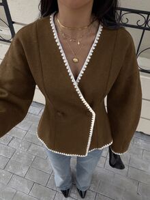 Siren Gaze Autumn/Winter Solid Color Double-Button Placket Coat, Contrast Color Shell Embroidery Jacket, Suitable For Daily Street Wear, Asymmetrical Collar, Coat, Autumn/Winter Casual Slim Fit Jacket, Winter Women, Winter Women's Clothing, Women's French Style Outwear - Brown - View 4