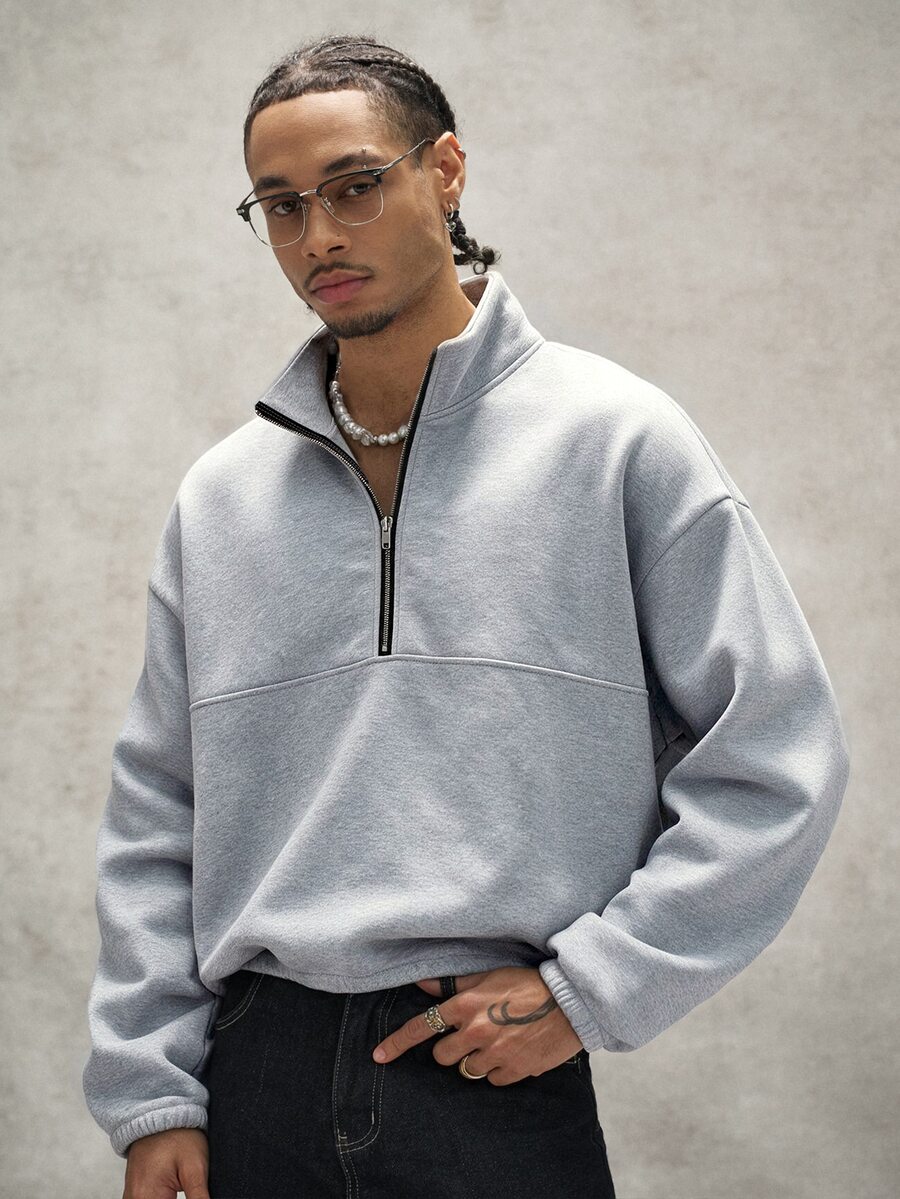 PAVTROS Men's Half-Zip Patchwork Elastic Cuff Short Sweatshirt - Grey - View 1