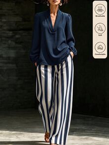 SHEIN 女款黑色長袖上衣與條紋長褲休閒套裝，日常通勤上班穿搭，秋季兩件套，亞麻套裝，黑白配色，老錢風 - 藏蓝色 - 查看 3