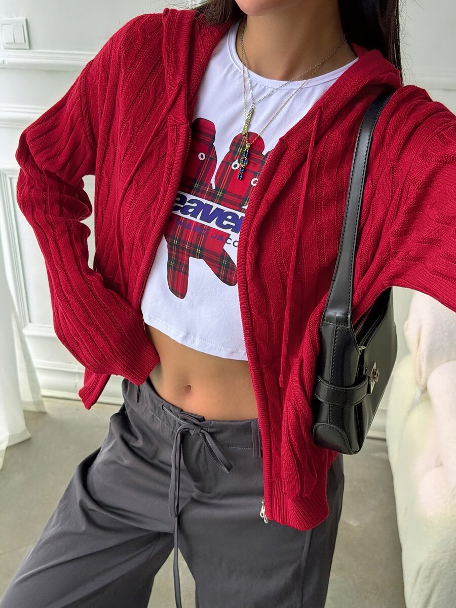 DAZY Women's Solid Color Fitted Zip-Up Long Sleeve Hooded Cable Knit Casual Vacation Spring Autumn Cardigan - Red - View 1