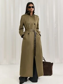 LYSMO Women's PU Plaid Collar Long Coat, Autumn/Winter Commute - Army Green - View 6