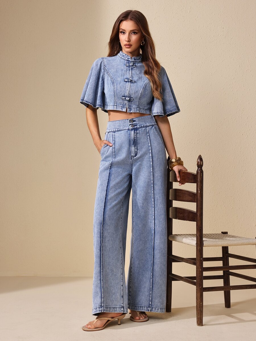 Selenza Women's Frog Button Design Ruffle Short Sleeve Cropped Denim Jacket - Blue - View 1