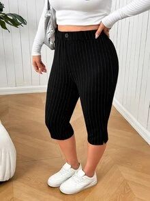 SHEIN EZwear Plus Size Women's Striped Casual Versatile Daily Wear Capri Pants - Black - View 5