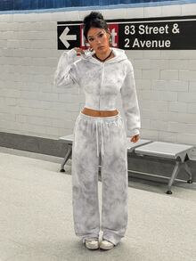 StreetHx Setelan 2 Potong Wanita Gaya Vintage Motif Cetak + Rhinestone, Hoodie Pendek + Celana Panjang Longgar - Grey - View 6