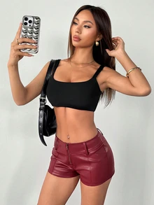 SHEIN PETITE 女款純色前拉鍊休閒短褲，極短褲 - 中紫紅色 - 查看 5
