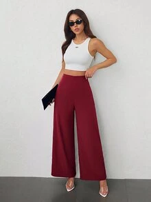 SHEIN PETITE 女款極簡休閒時尚返校季老錢風通勤高腰紋理寬腿褲 - 酒紅色 - 查看 6