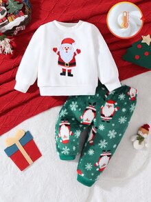 SHEIN Playful Pals 2件組 幼兒男嬰衛衣長褲套裝，可愛白色綠色聖誕補丁雪花毛絨長袖圓領加厚套頭衫，適合聖誕派對、冬季與秋季 - 綠色 - 查看 3