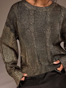 Freevana Plus Size Women's Vintage Cable Knit Gold Foil Design Long Sleeve Loose Fit Sweater - Black - View 4