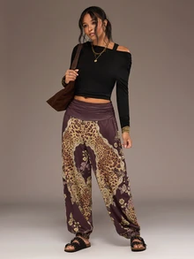 Freevana Plus Size Floral Leopard Print Fashion Pleated Cuffed Pants - Brown - View 5