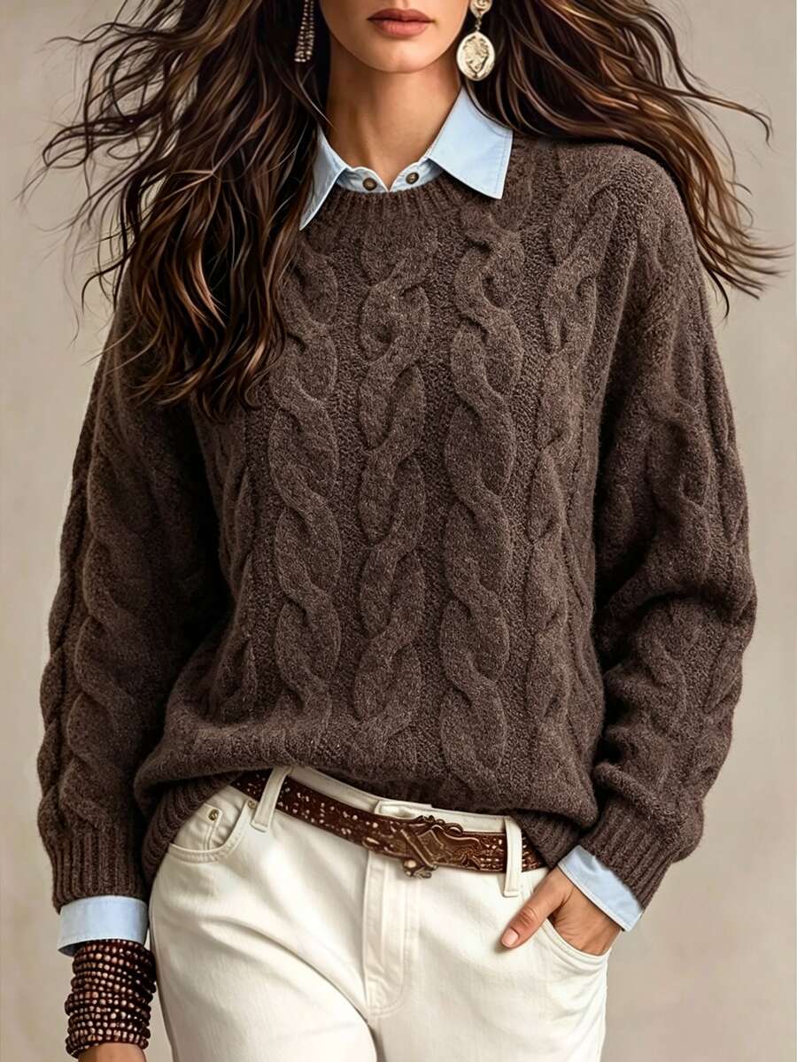 Trelyra Women's Fashion Vintage Cable Knit Long Sleeve Sweater, Preppy Style - Coffee Brown - View 1