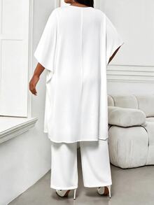 SHEIN Lady CURVE Plus Size Solid Color Front Short Back Long Top And Pants 2 Pieces Set - White - View 2
