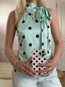 CovetEZ Women's Sweet French Polka Dot Print Halter Neck Tie Top - Mint Blue - View 7