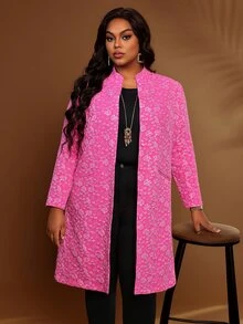 BrightlyHer Plus Size Hot Pink Textured Button Front Jacquard Stand Collar Long Sleeve Jacket Fall Winter 2026 - Hot Pink - View 6