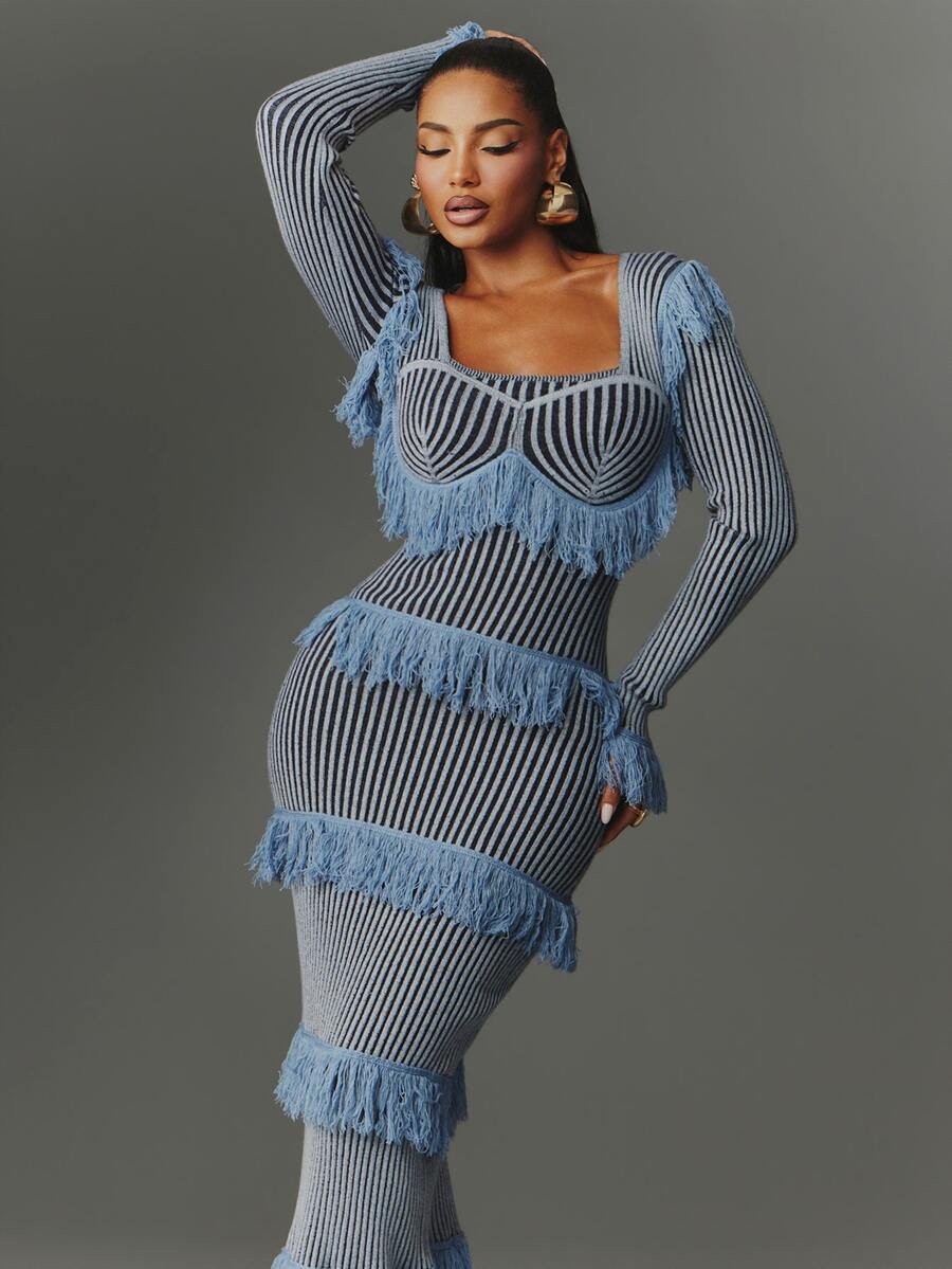 NYA SZN Gaun Rajut Elegan Pas Badan Wanita dengan Motif Garis-Garis, Leher Persegi, Lengan Panjang, Patchwork, Lapisan Ganda, dan Rumbai - Biru - View 1