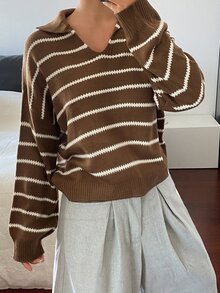 DAZY Women's Vintage Fashion Striped Colorblock Long Sleeve Sweater - Brown - View 5