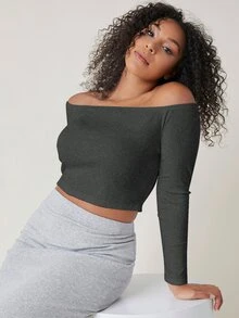 SHEIN BASICS 大尺碼純色露肩短版T恤女款夏季上衣套裝 - 深灰色 - 查看 1