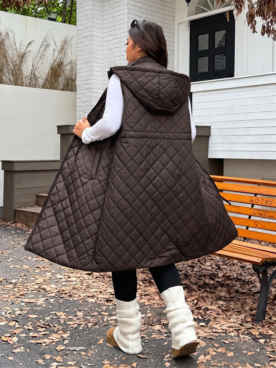SHEIN EZwear 秋冬大尺碼加厚抽繩可調腰鬆款雙穿法長版大衣 - 巧克力棕 - 查看 1