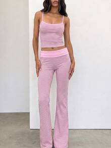 SHEIN EZwear 夏季新款拼色條紋細肩帶上衣與長褲套裝，適合春夏外出穿著 - 彩色 - 查看 7