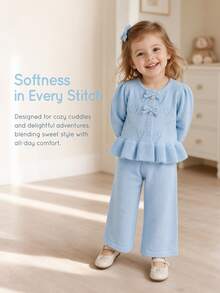 SHEIN Baby Girls Sweater Co-Ords, Pullover Round Neck Knitted Long Sleeve Cardigan, Pink Solid Color, Versatile Fashionable + Knitted Flared Long Pants, Suitable For Autumn/Winter, 2 Pieces Set, Versatile, Suitable For Outings, Travel, School - Baby Blue - View 3