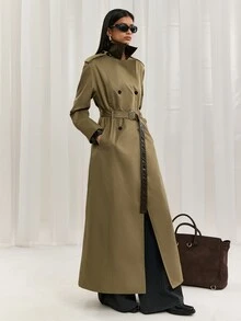 LYSMO Women's PU Plaid Collar Long Coat, Autumn/Winter Commute - Army Green - View 3