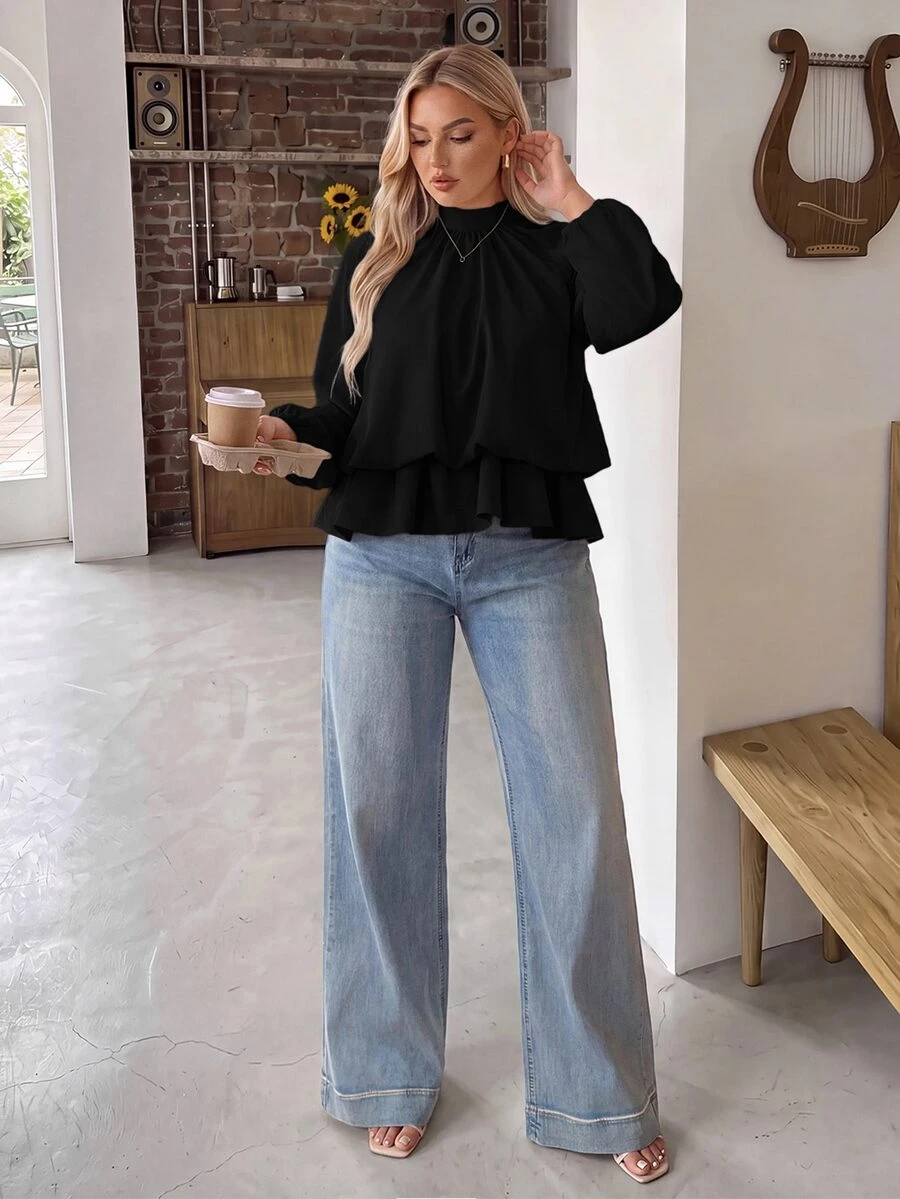 Auralis Coffee Brown Raglan Long Sleeve Plus Size Loose Waist Elastic Ruffle Hem Pullover Blouse/Casual Top Fall - Black - View 1