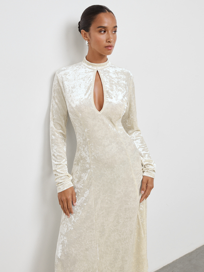 Maija Ivory White Velvet Hollow Long Sleeve Round Neck Women's Dress, Party Urban Elegant