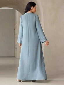 Veilorie فستان عربي للنساء بياقة V محززة وأكمام طويلة وتصميم جيب مطوي - أخضر - مشاهدة 2