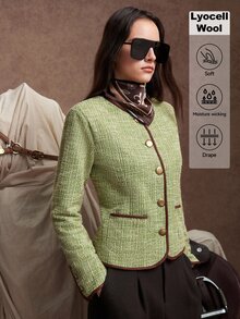 Zovinel Lyocell Wool Fabric With Suede Binding Women's Vintage Elegant Button Long Sleeve Pocket Jacket Business,Casual Work,Elegant Fall Autumn/Winter - Green - View 1