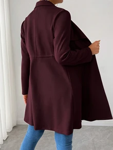 SHEIN Raffinéa Women's Solid Color Long Sleeve Casual Smart Casual Business Casual Suede Drawstring Jacket Office Burgundy Autumn/Winter - Red Violet - View 2