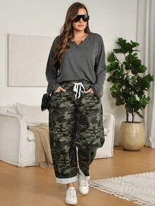 EMERY ROSE Plus Size Fashion Camouflage Print Drawstring Waist Pocket Denim Cropped Pants,Elastic Waistband Relaxed Fit,Tapered Leg,Cuffed Hem,Halloween,Christma - Army Green - View 5