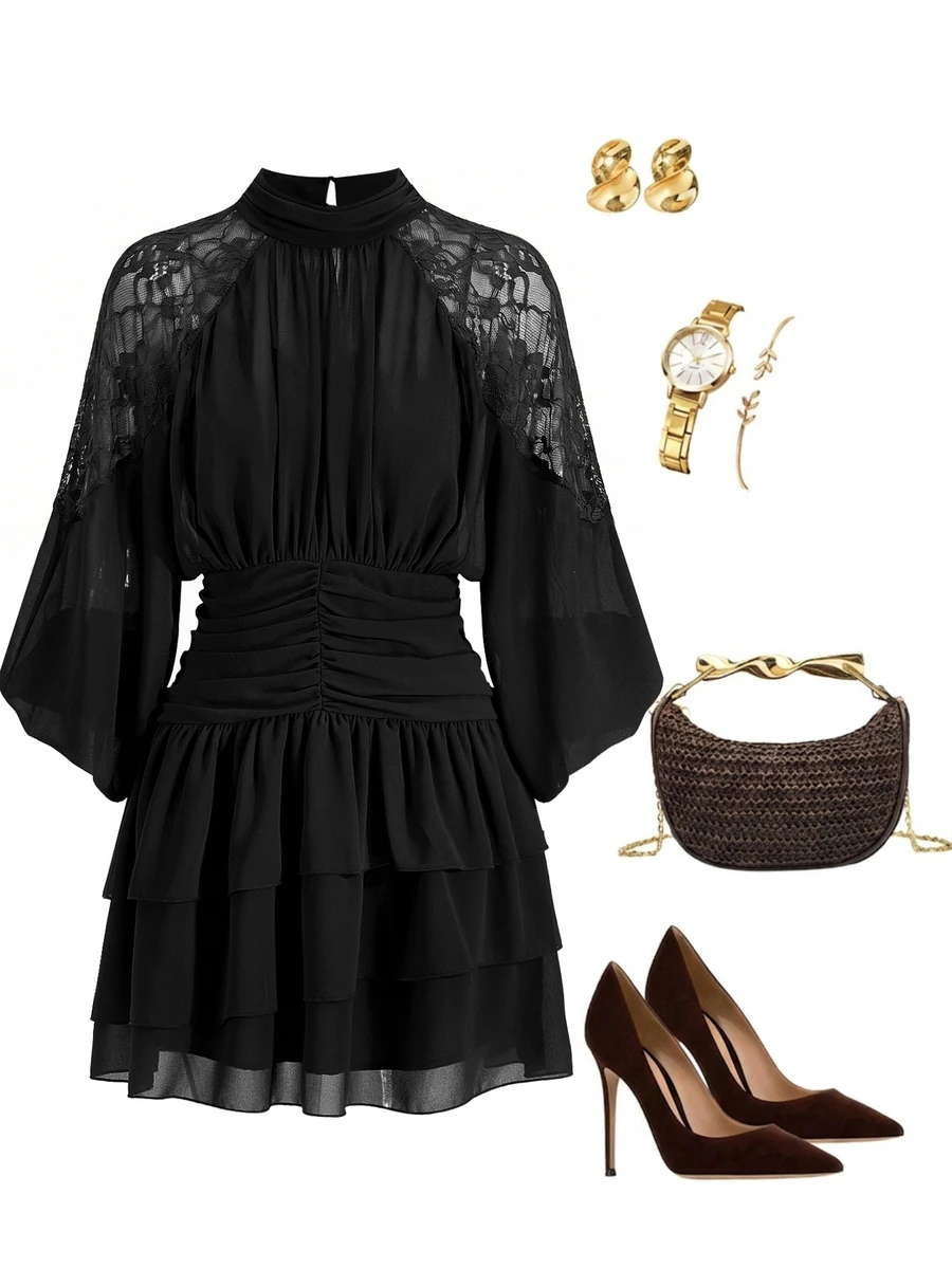SHEIN Clasi Women's Elegant Commuter Lace Patchwork Mini Dress - Black - View 1