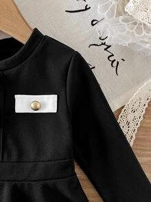 SHEIN 女嬰優雅白色對比飾邊收腰百褶A字裙，彈性厚實面料配裝飾復古鈕扣，適合冬季 - 黑色 - 查看 4