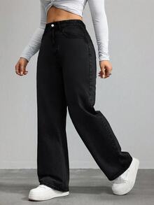SHEIN ICON 大尺碼女款寬腿鬆垮休閒復古牛仔褲，附口袋 - 黑色 - 查看 4