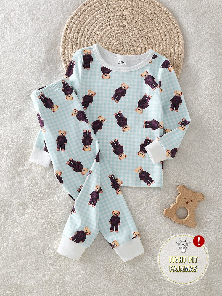 Baby Boy Fashion Cute Classic Fun Comfortable Casual Soft Skin-Friendly Knitted High Elasticity Snug Fit Fabric Blue & White Plaid Cartoon Bear Print Round Neck Pullover Long Sleeve Top With Long Pants Pajama Set Homewear 2 Pieces Set - Multicolor - View 8