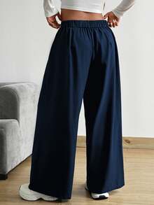 Vionelle Plus Size Loose Straight Leg Wide Leg Pants With Pockets Solid Color - Navy Blue - View 2