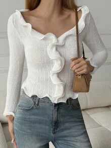 DAZY Women's Elegant T-Shirt With Frill Trim - White - View 5