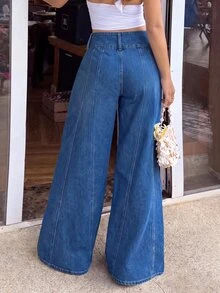 Sunnyshic Celana Jeans Wanita Model Lebar, Longgar, Kasual, dengan Kancing Depan dan Saku - Biru - View 3