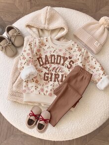 柔棕色可愛甜美字母「Daddy's Girl❤」波西米亞風柔美花卉圖案，女童休閒舒適寬鬆圓領衛衣＋內搭褲2件套，適合秋冬日常、校園、親子、姊妹穿搭，秋季氛圍，新季節新風格新套裝 - 彩色 - 查看 3