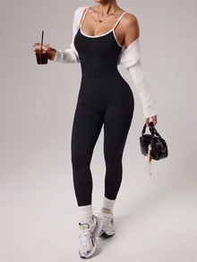 Slayform H1194 Grey White Seamless Sports Jumpsuit - Black - View 6