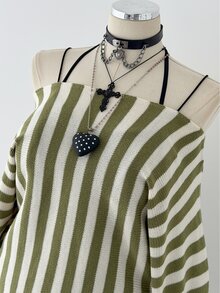 Sunspun Plus Size Women Y2K Street Style Vertical Striped Boat Neck Batwing Sleeve Loose Comfortable Knit Pullover Sweater, Suitable For Spring/Autumn/Winter/Back To School/Daily Commute/Outing/Date/Indoor/Outdoor/Date Outfit - Green - View 3