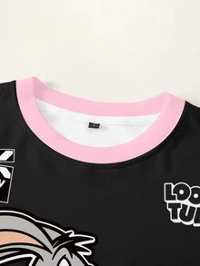 LOONEY TUNES X SHEIN 大尺碼女款字母卡通印花圓領長袖休閒運動衫 - 白色 - 查看 5
