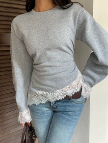 CovetEZ Women's Round Neck Drop Shoulder Long Sleeve Contrast Lace Hem Sweatshirt - Grey - View 5