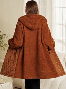 EMERY ROSE Jaket Wanita Ukuran Besar Musim Gugur/Dingin Kasual Cokelat Polos Berbahan Fleece dengan Tudung dan Kantong, Mantel Hangat Musim Dingin, Mantel Luar - Coklat - View 3