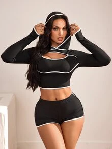 Slayform Black And White Contrast Trim Hollow Out Cropped Sweatshirt - Black - View 6